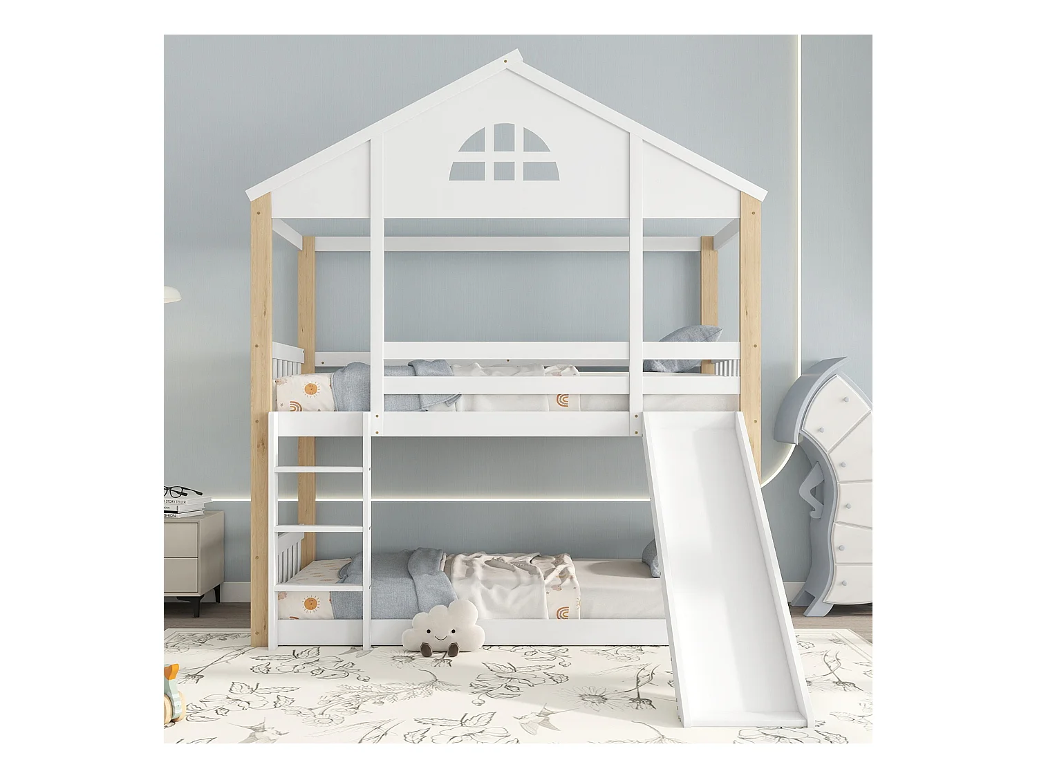 Lit superposé avec échelle, fenêtres et toits, garde-corps et cadre en bois massif, blanc et naturel (204x205.5x175.5 cm)