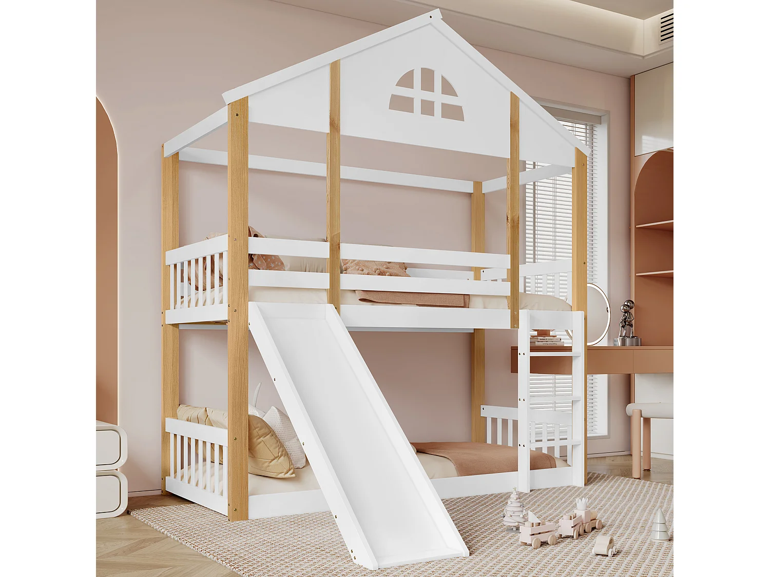 Stapelbed met ladder, ramen en daken, leuningen en massief houten frame, wit en naturel (204x205,5x175,5 cm)