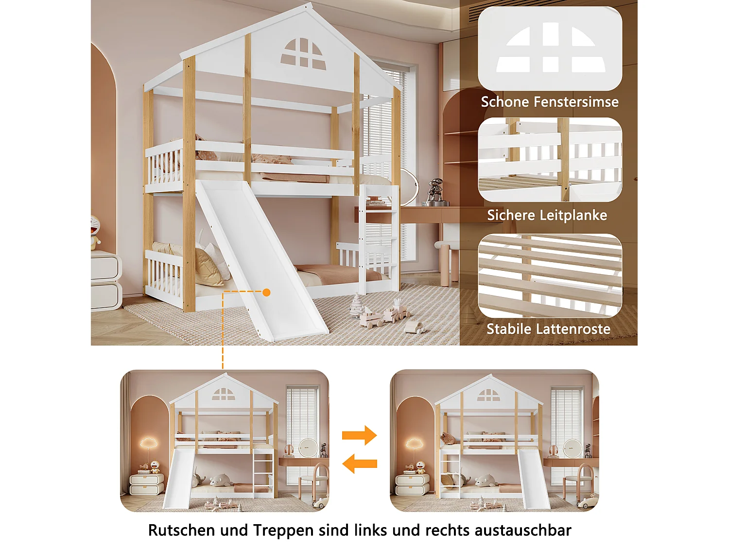 Stapelbed met ladder, ramen en daken, leuningen en massief houten frame, wit en naturel (204x205,5x175,5 cm)