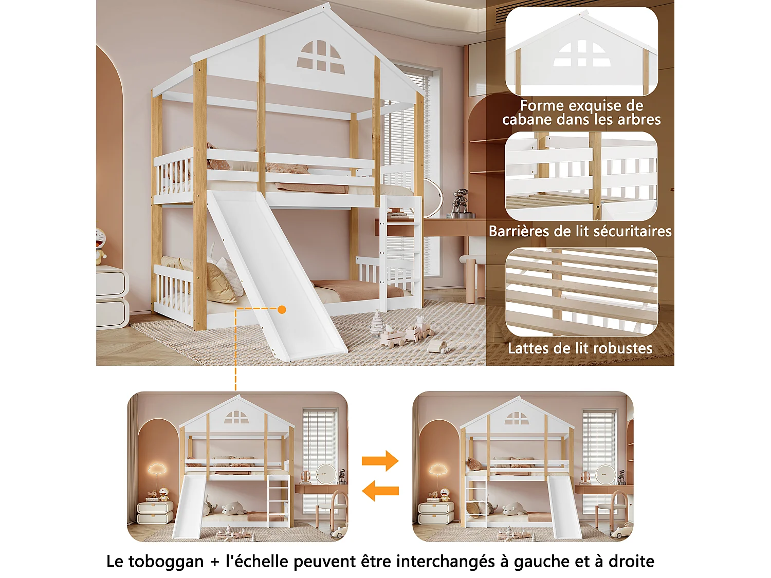 Stapelbed met ladder, ramen en daken, leuningen en massief houten frame, wit en naturel (204x205,5x175,5 cm)