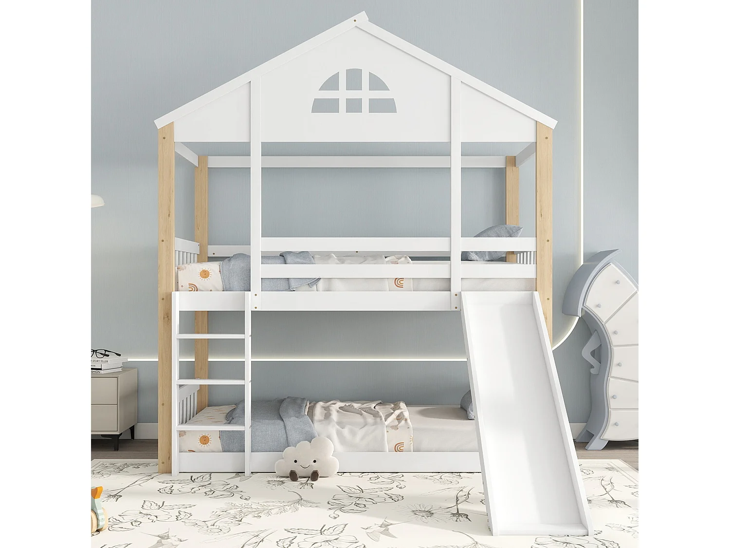 Stapelbed met ladder, ramen en daken, leuningen en massief houten frame, wit en naturel (204x205,5x175,5 cm)