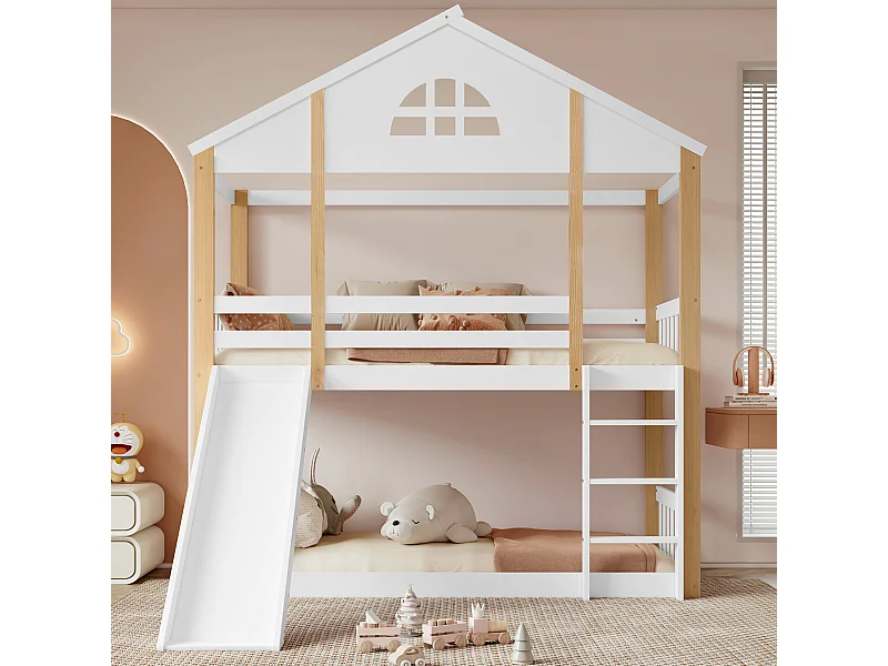 Stapelbed met ladder, ramen en daken, leuningen en massief houten frame, wit en naturel (204x205,5x175,5 cm)