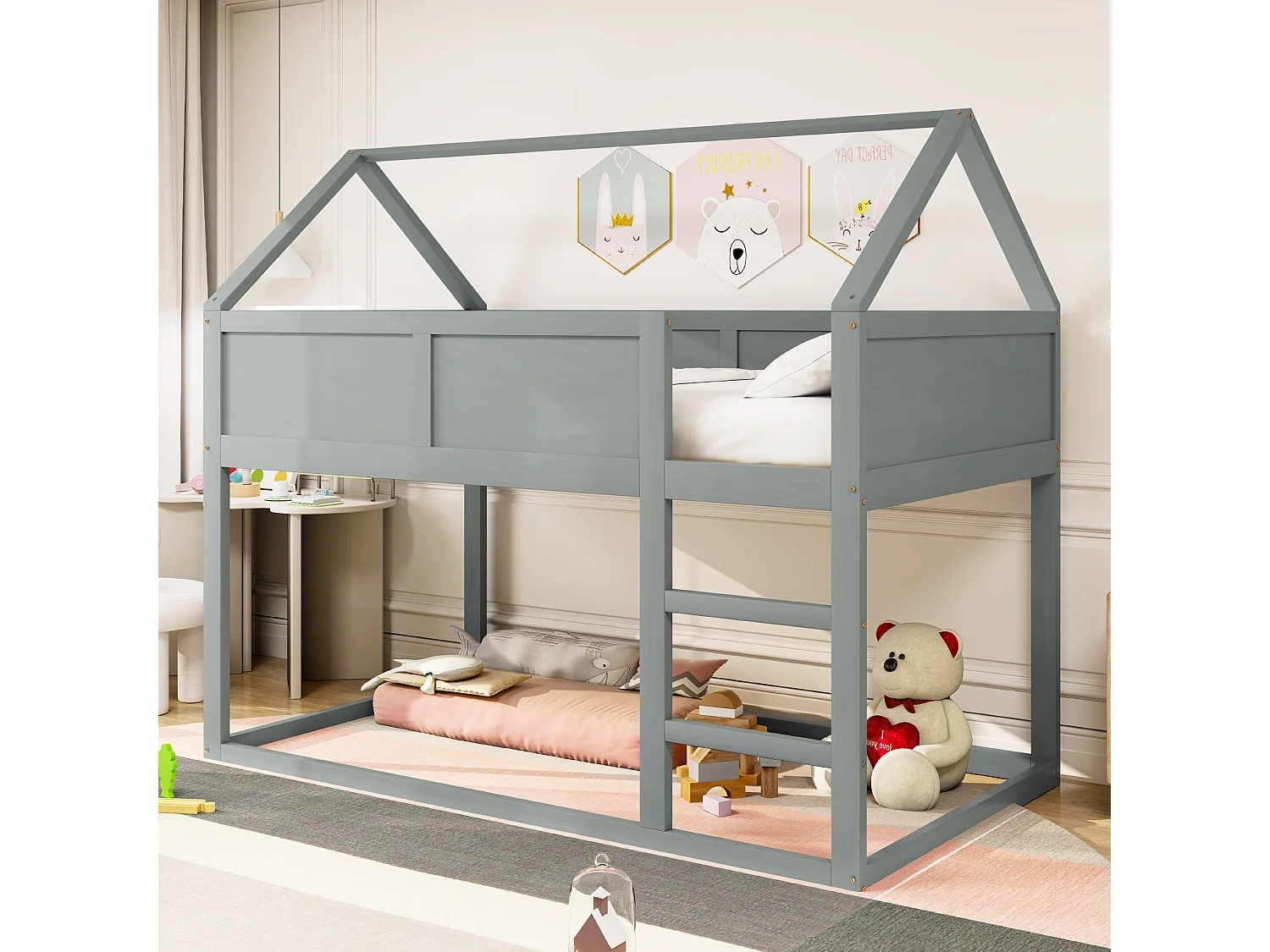 Lit superposé enfant, bois massif, escalier sécurisé, design compact gris (204x95x170 cm)