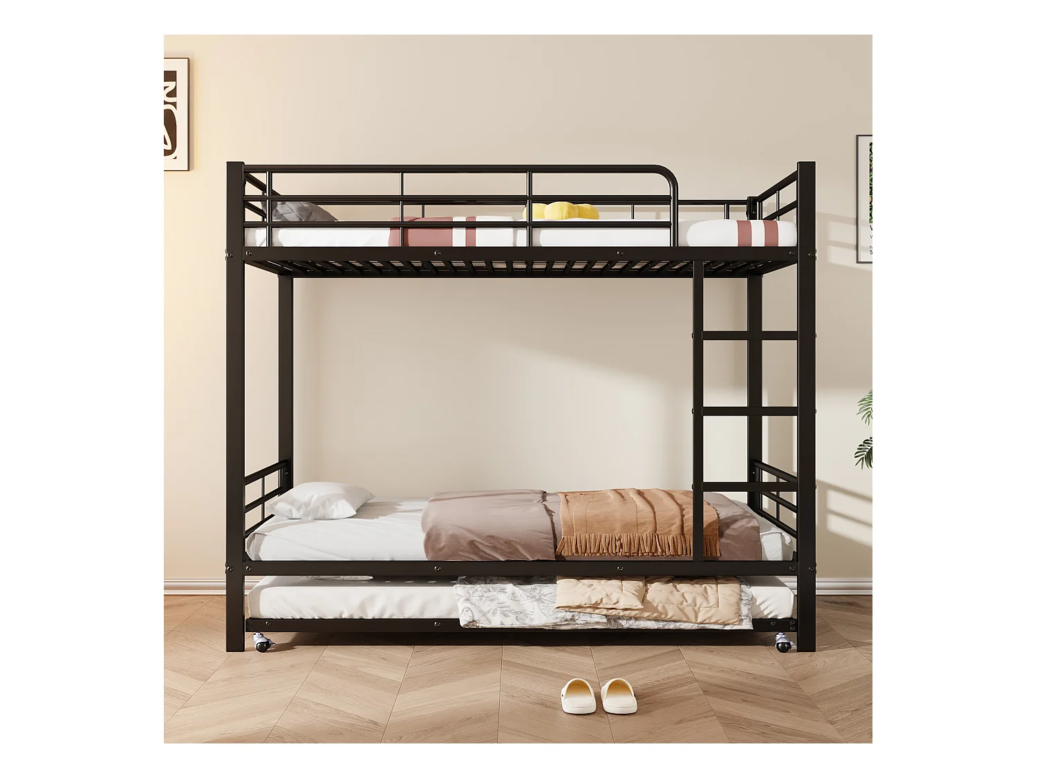 Lit superposé avec lit escamotable, métal, noir, avec balustrade, 90x200cm & 90x190cm