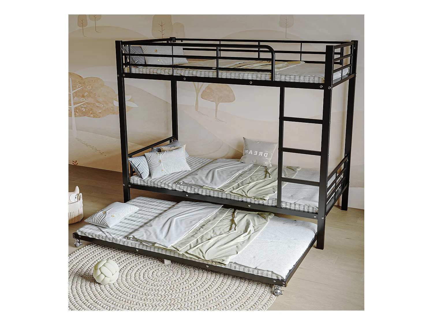 Lit superposé avec lit escamotable, métal, noir, avec balustrade, 90x200cm & 90x190cm