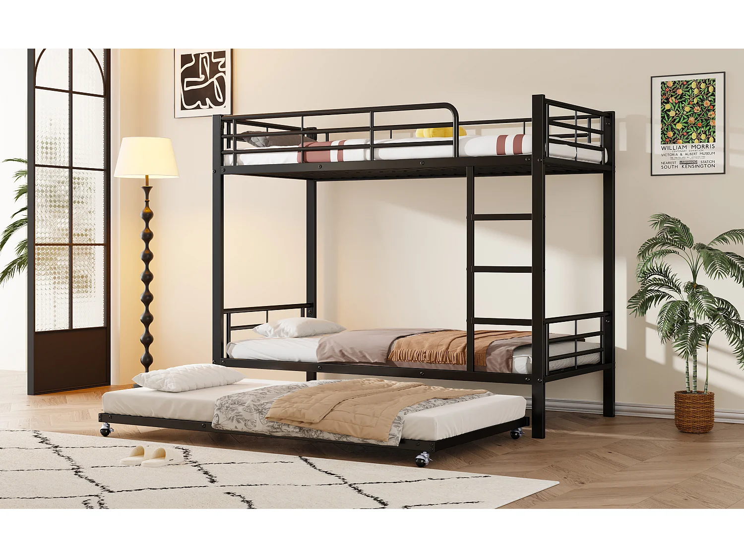 Lit superposé avec lit escamotable, métal, noir, avec balustrade, 90x200cm & 90x190cm