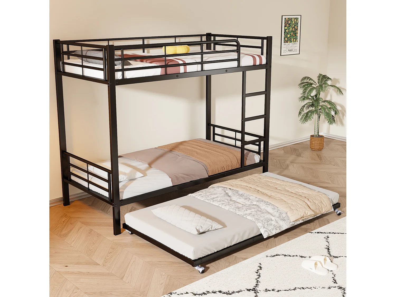 Letto a castello con letto estraibile, in metallo, nero, con ringhiera, 90x200cm e 90x190cm