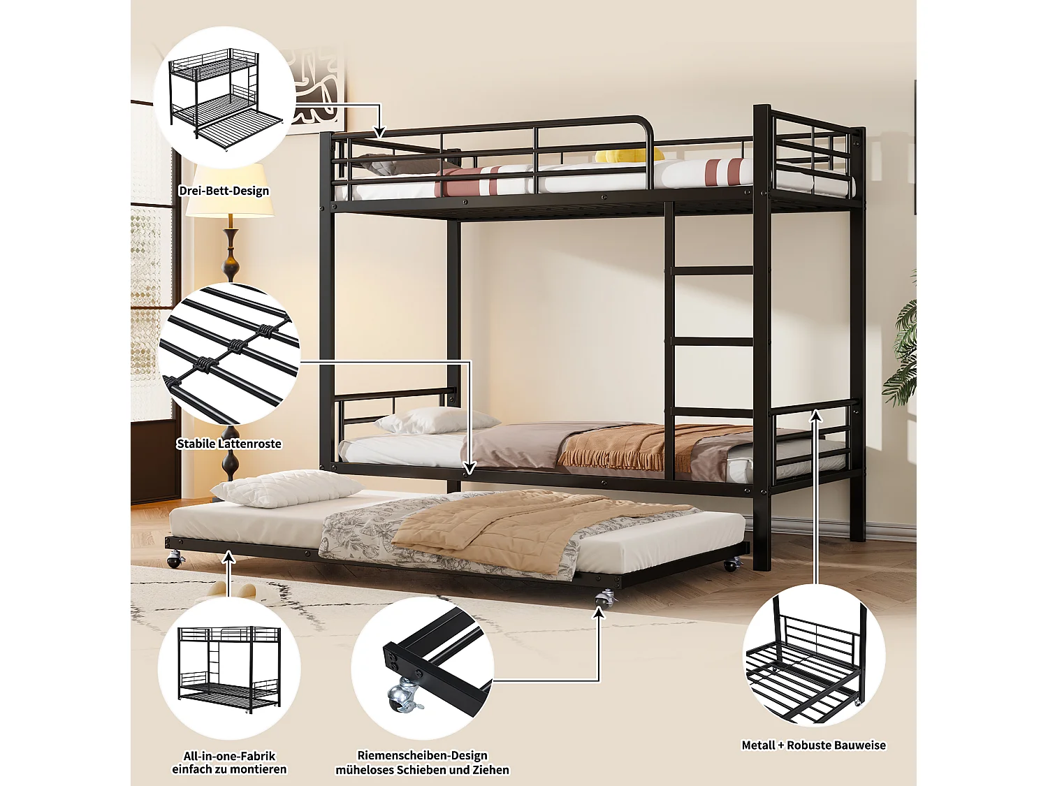 Letto a castello con letto estraibile, in metallo, nero, con ringhiera, 90x200cm e 90x190cm