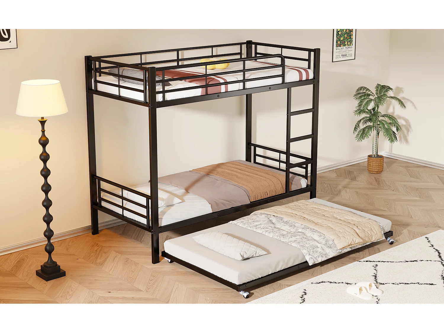 Letto a castello con letto estraibile, in metallo, nero, con ringhiera, 90x200cm e 90x190cm