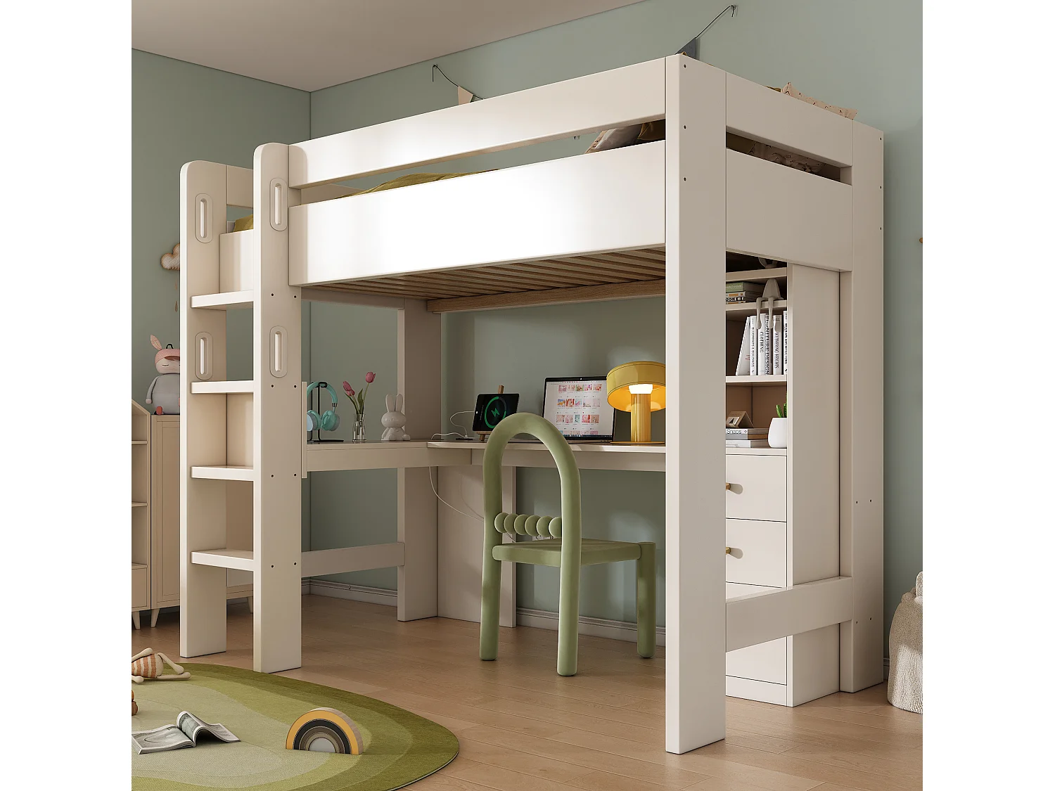 Litera infantil de 90x200 cm con escritorio en L, estantes y cajones, con puertos USB/Tipo C, color blanco (206x108x175 cm)