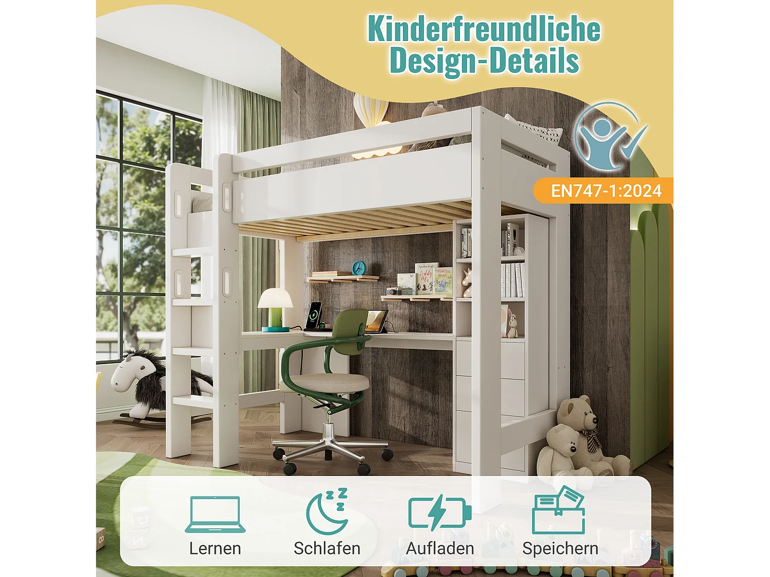 Litera infantil de 90x200 cm con escritorio en L, estantes y cajones, con puertos USB/Tipo C, color blanco (206x108x175 cm)