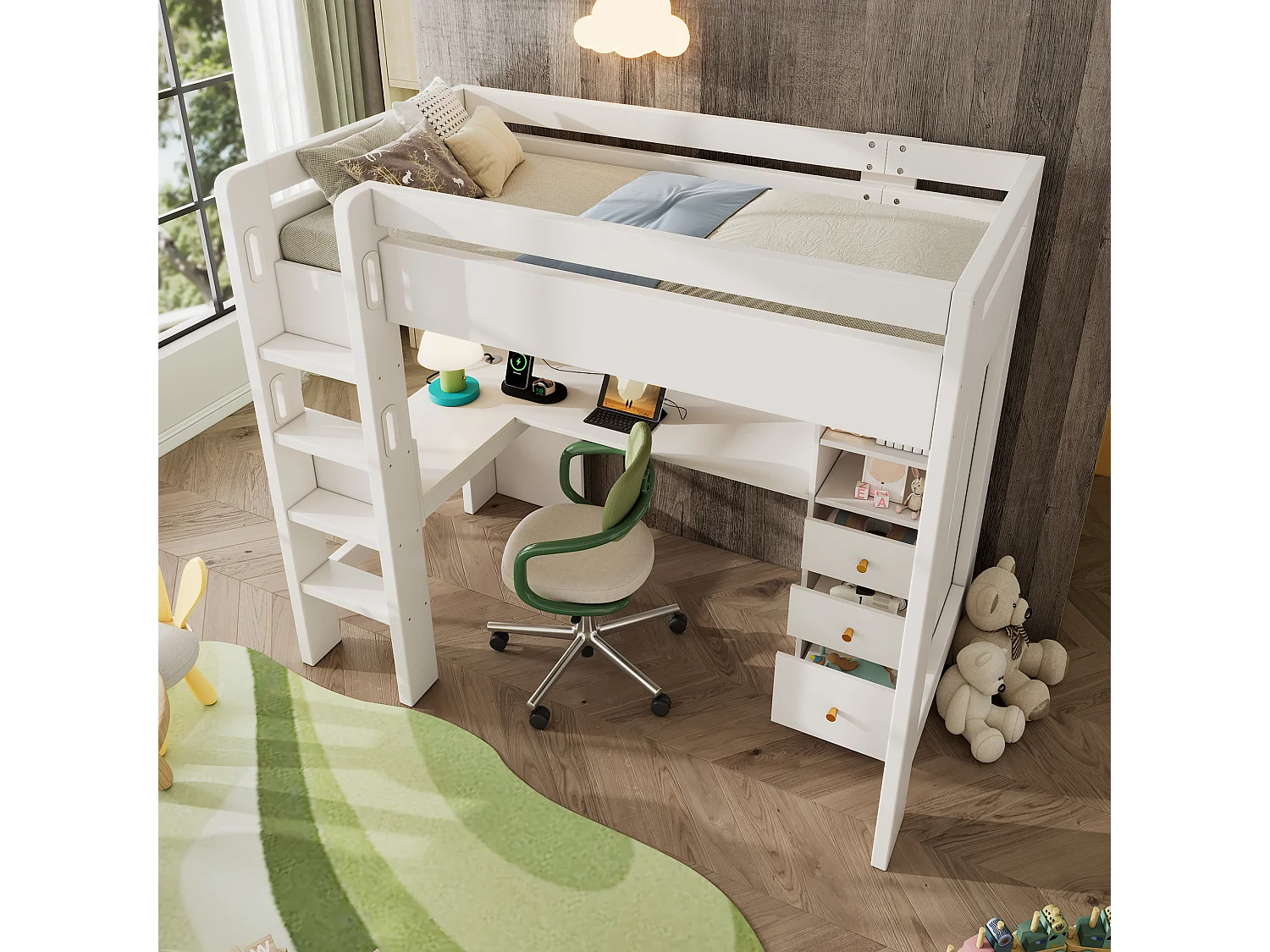 Litera infantil de 90x200 cm con escritorio en L, estantes y cajones, con puertos USB/Tipo C, color blanco (206x108x175 cm)