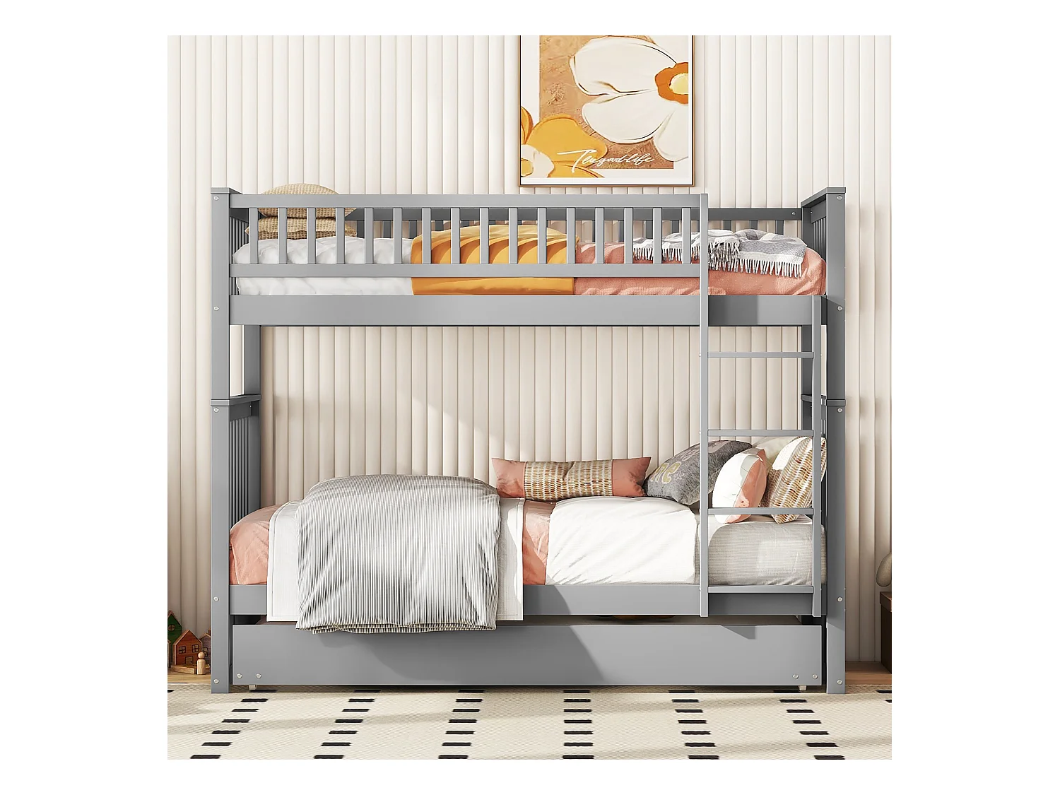 Letto a castello 90x200 cm, letto per bambini con letto scorrevole, sponda alta, scaletta stabile, legno, grigio (205x95x160 cm)