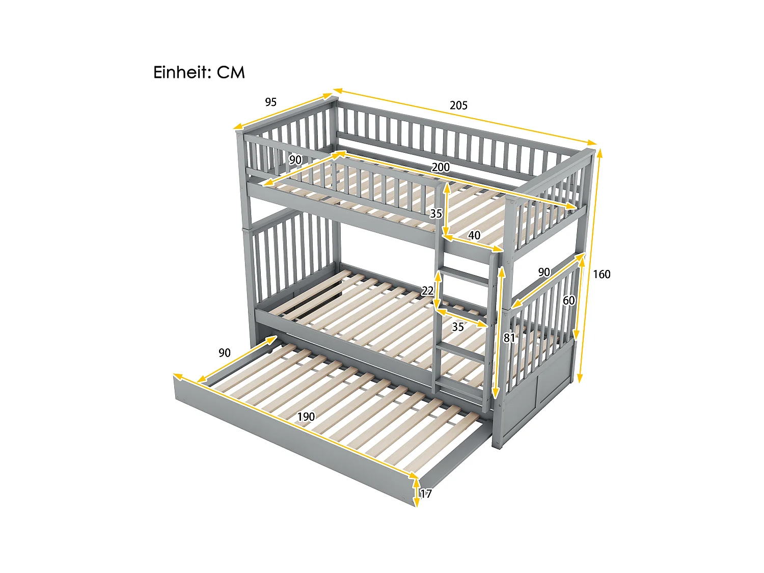 Letto a castello 90x200 cm, letto per bambini con letto scorrevole, sponda alta, scaletta stabile, legno, grigio (205x95x160 cm)