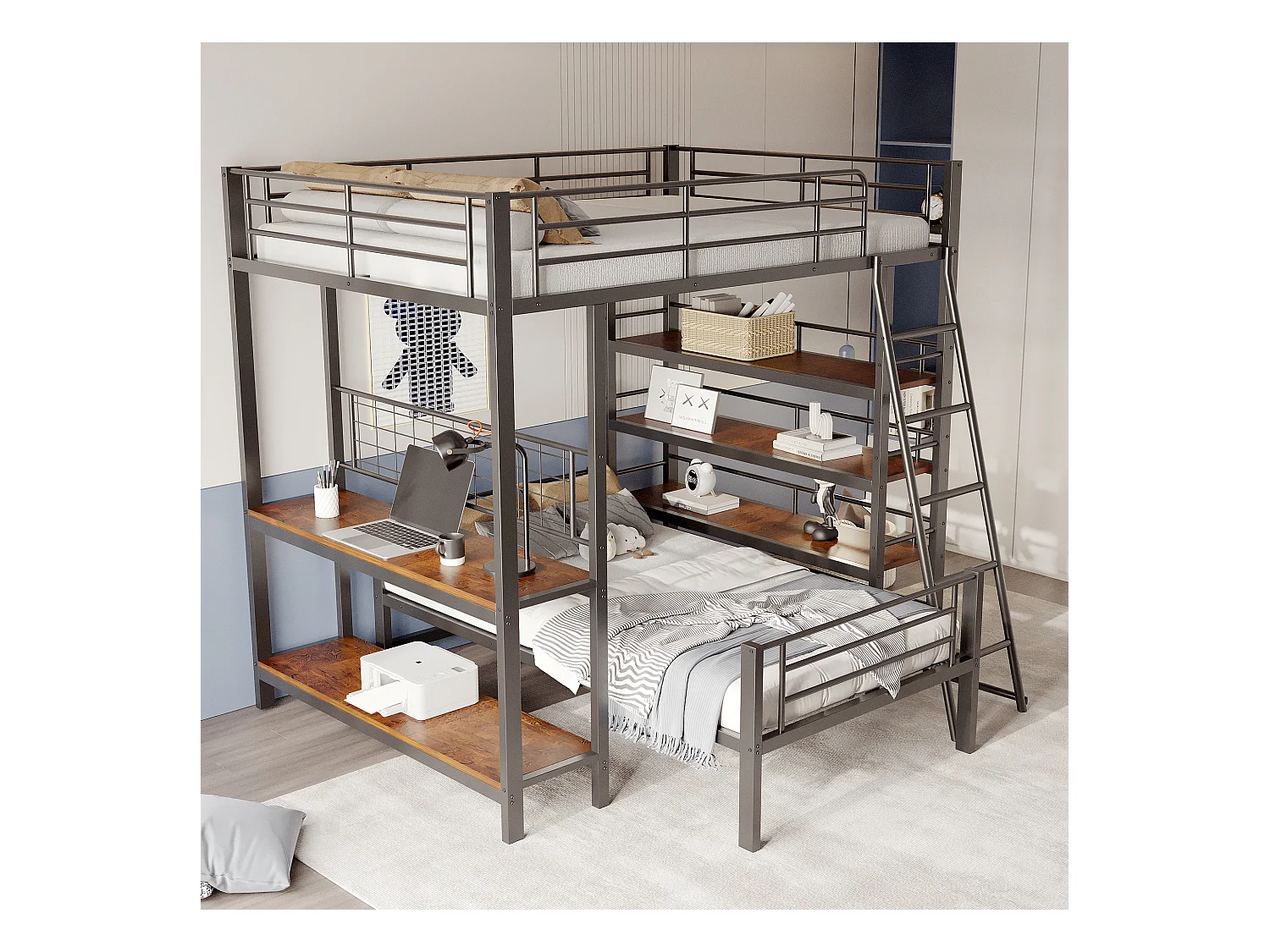 Lit superposé métal, avec rangements intégrés, design moderne, noir, 140x200 cm (204x106x180 cm)