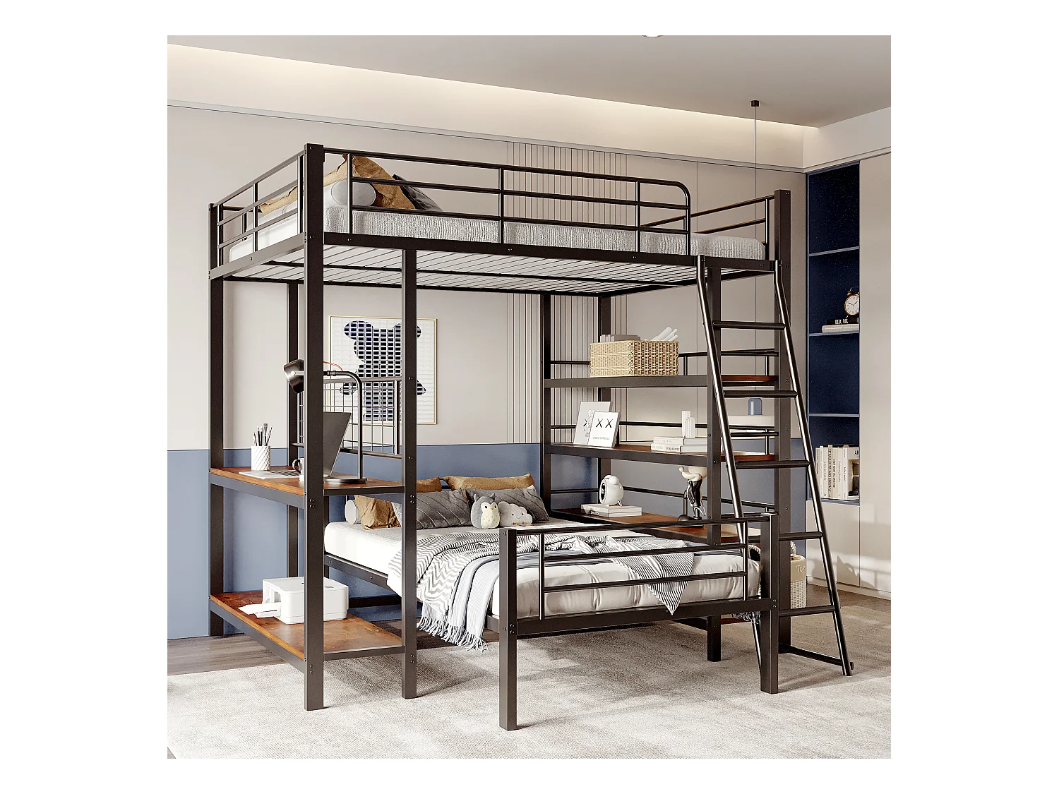 Litera de metal, con almacenaje integrado, diseño moderno, color negro, 140x200 cm (204x106x180 cm)