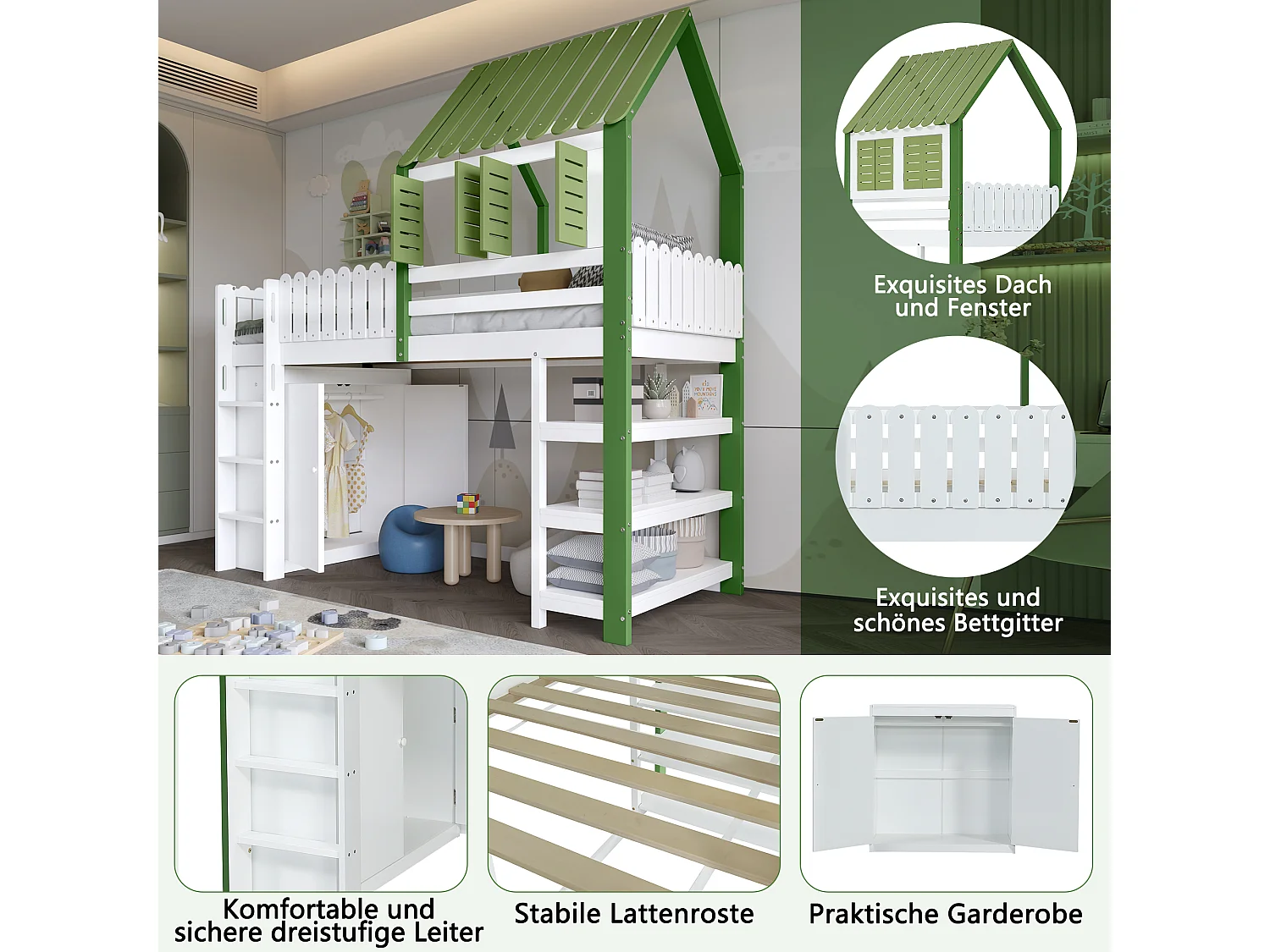 Kinderstapelbed met leuning, dak en ramen, opbergruimte met kledingkast en open planken, drielaagse ladder, grenen, MDF en multiplex, wit en groen (245x95x209 cm)