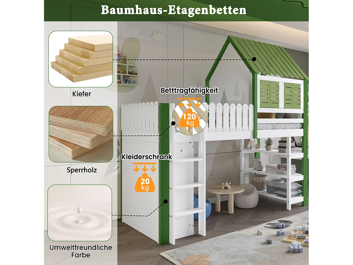 Kinderstapelbed met leuning, dak en ramen, opbergruimte met kledingkast en open planken, drielaagse ladder, grenen, MDF en multiplex, wit en groen (245x95x209 cm)