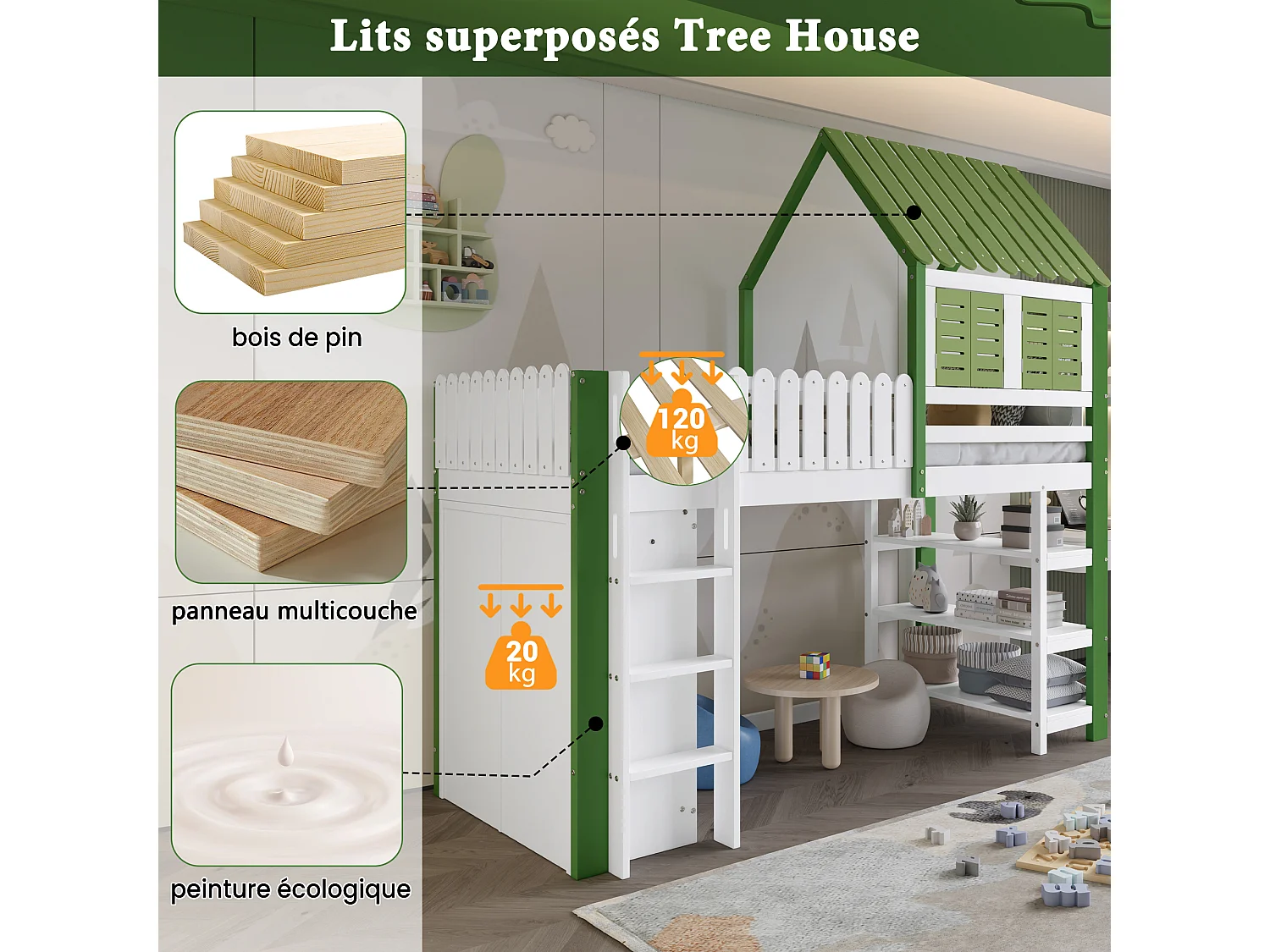 Kinderstapelbed met leuning, dak en ramen, opbergruimte met kledingkast en open planken, drielaagse ladder, grenen, MDF en multiplex, wit en groen (245x95x209 cm)