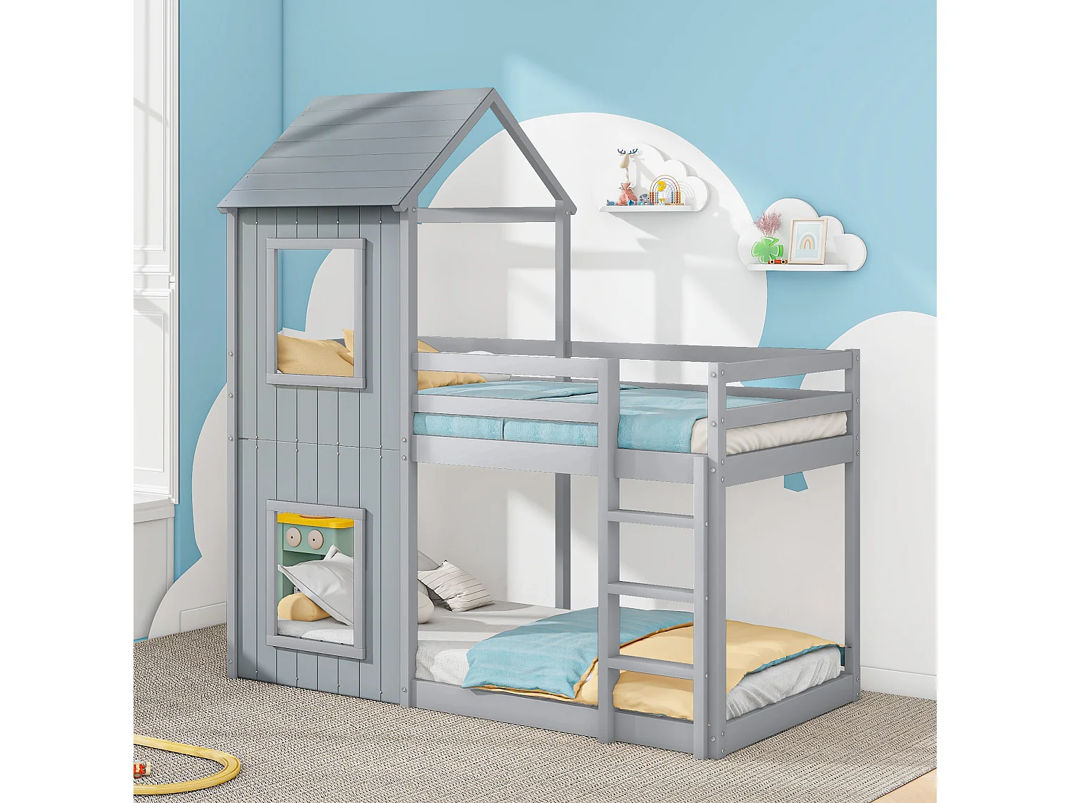 Litera 90x200 cm, casita infantil, con escalera y dosel, madera maciza, gris (204x98,5x110 cm)