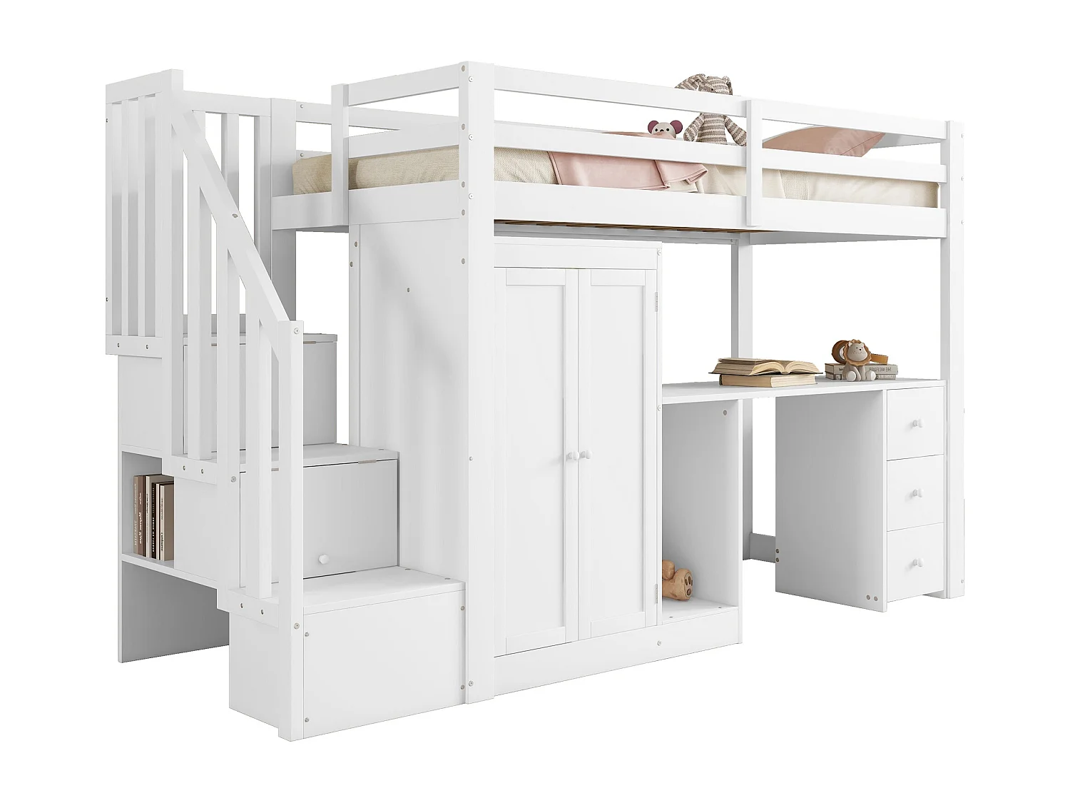 Stapelbed, 90x200cm en 140x200cm, met lattenbodem, bed met rollade en ladder, grenen, wit (253x240x160 cm)