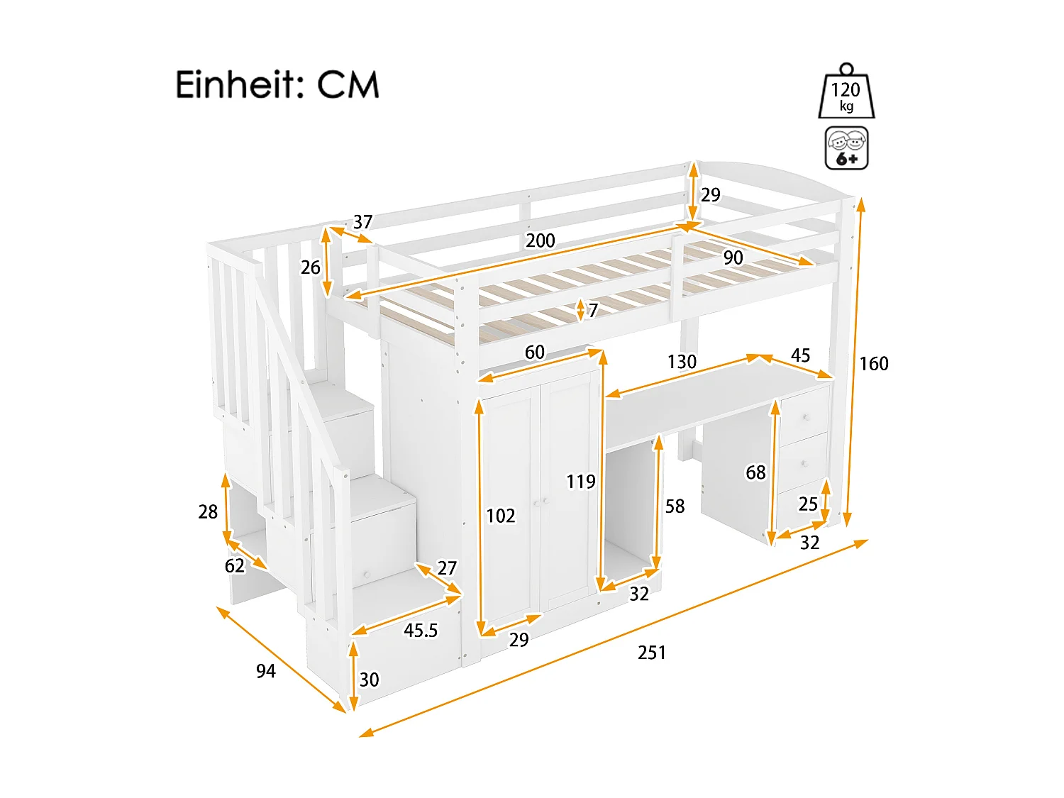 Stapelbed, 90x200cm en 140x200cm, met lattenbodem, bed met rollade en ladder, grenen, wit (253x240x160 cm)
