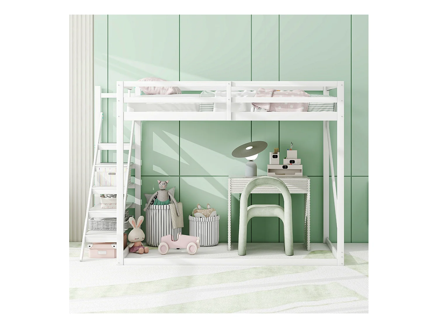 Hoogslaper 140 x 200 cm met veiligheidsladder, massief houten frame, stapelbed met lattenbodem, wit (250 x 145 x 170 cm)