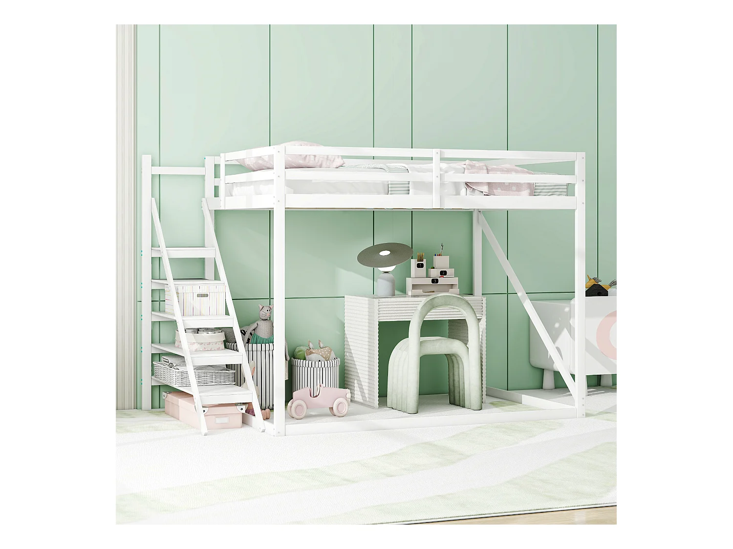 Hoogslaper 140 x 200 cm met veiligheidsladder, massief houten frame, stapelbed met lattenbodem, wit (250 x 145 x 170 cm)