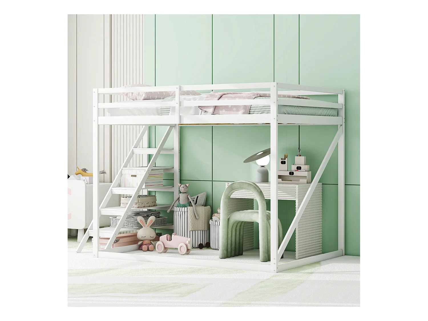 Hoogslaper 140 x 200 cm met veiligheidsladder, massief houten frame, stapelbed met lattenbodem, wit (250 x 145 x 170 cm)