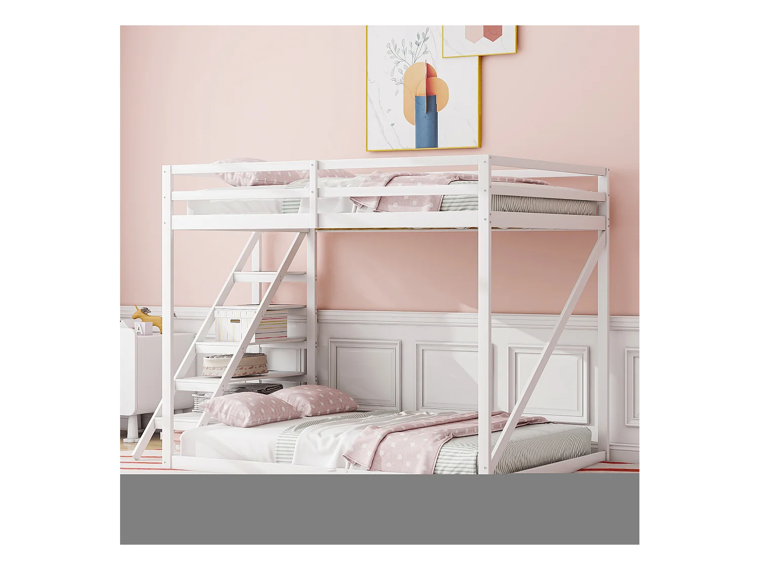 Hoogslaper 140 x 200 cm met veiligheidsladder, massief houten frame, stapelbed met lattenbodem, wit (250 x 145 x 170 cm)