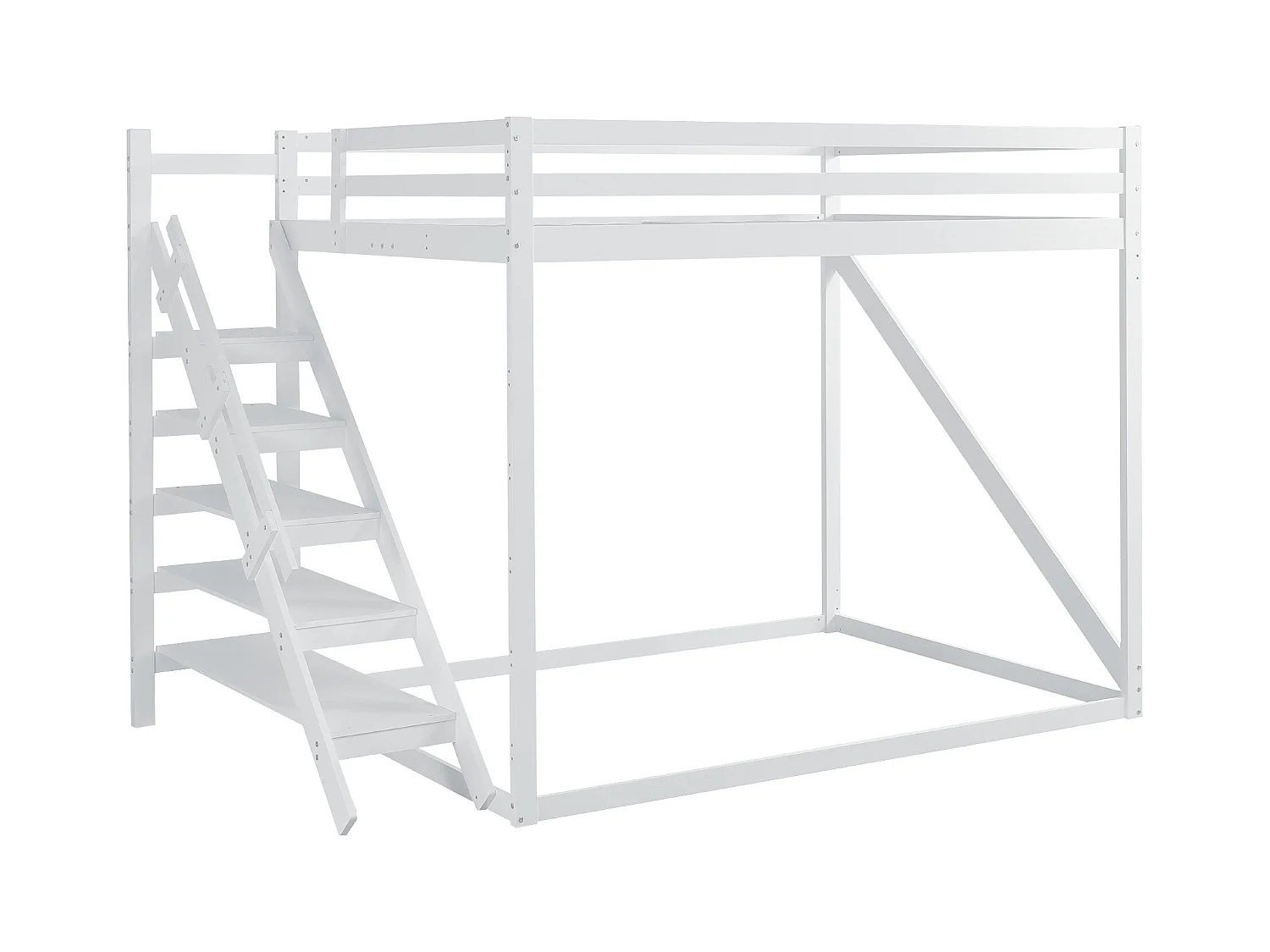 Hoogslaper 140 x 200 cm met veiligheidsladder, massief houten frame, stapelbed met lattenbodem, wit (250 x 145 x 170 cm)