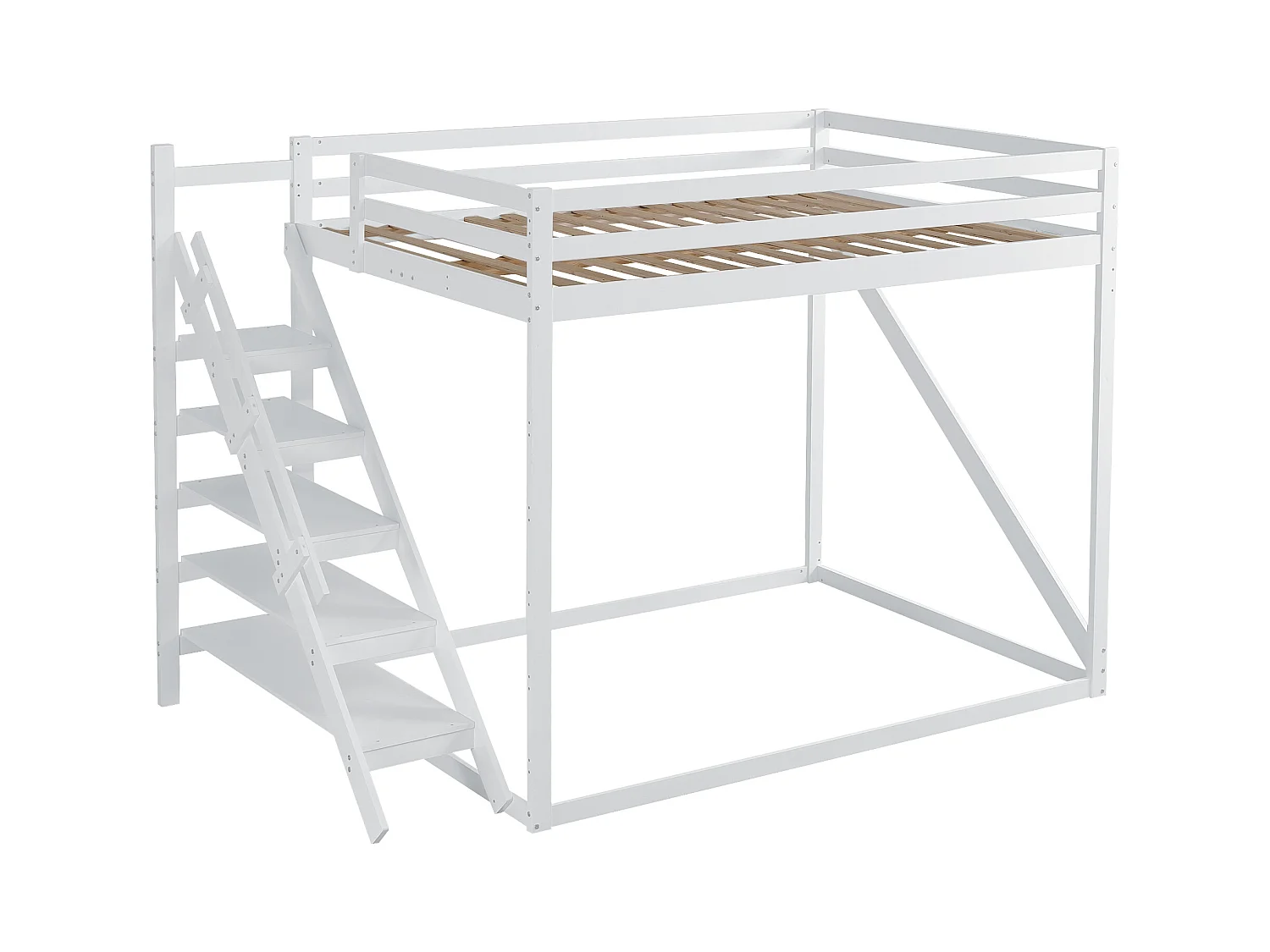 Hoogslaper 140 x 200 cm met veiligheidsladder, massief houten frame, stapelbed met lattenbodem, wit (250 x 145 x 170 cm)