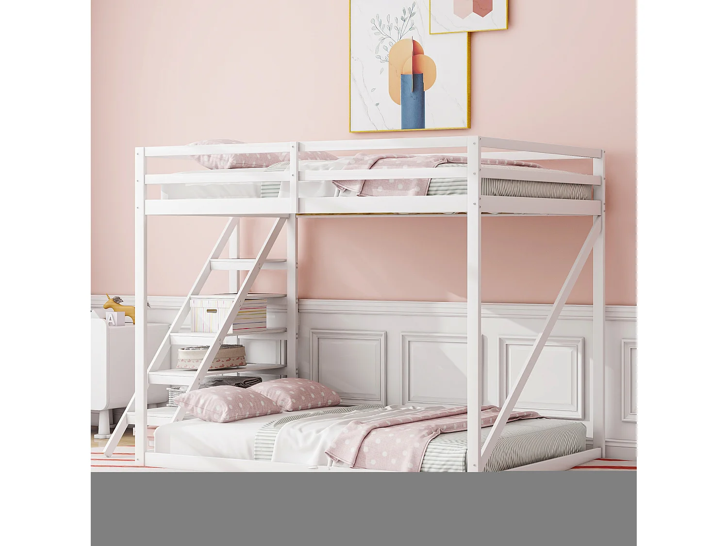 Lit surélevé 140 x 200 cm avec échelle de sécurité, structure en bois massif, lit superposé avec sommier à lattes, blanc (250x145x170 cm)