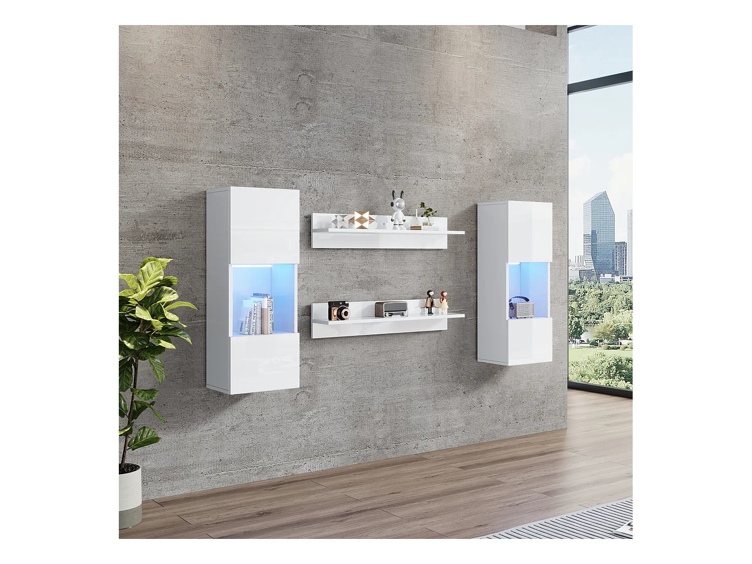 Hängende Vitrine - mit 2 Regalböden - mit LED-Beleuchtung - 2 Sicherheitsglas-Türen - weiß