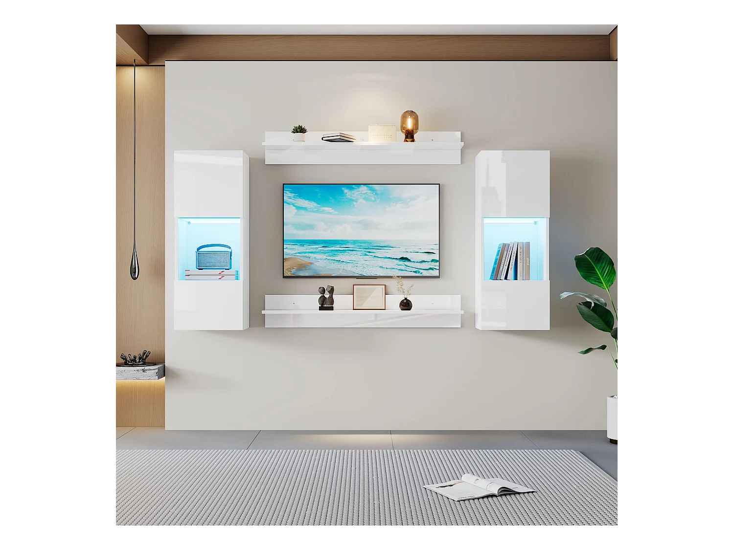 Hängende Vitrine - mit 2 Regalböden - mit LED-Beleuchtung - 2 Sicherheitsglas-Türen - weiß