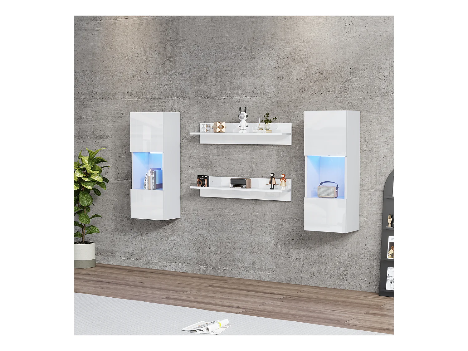 Hängende Vitrine - mit 2 Regalböden - mit LED-Beleuchtung - 2 Sicherheitsglas-Türen - weiß
