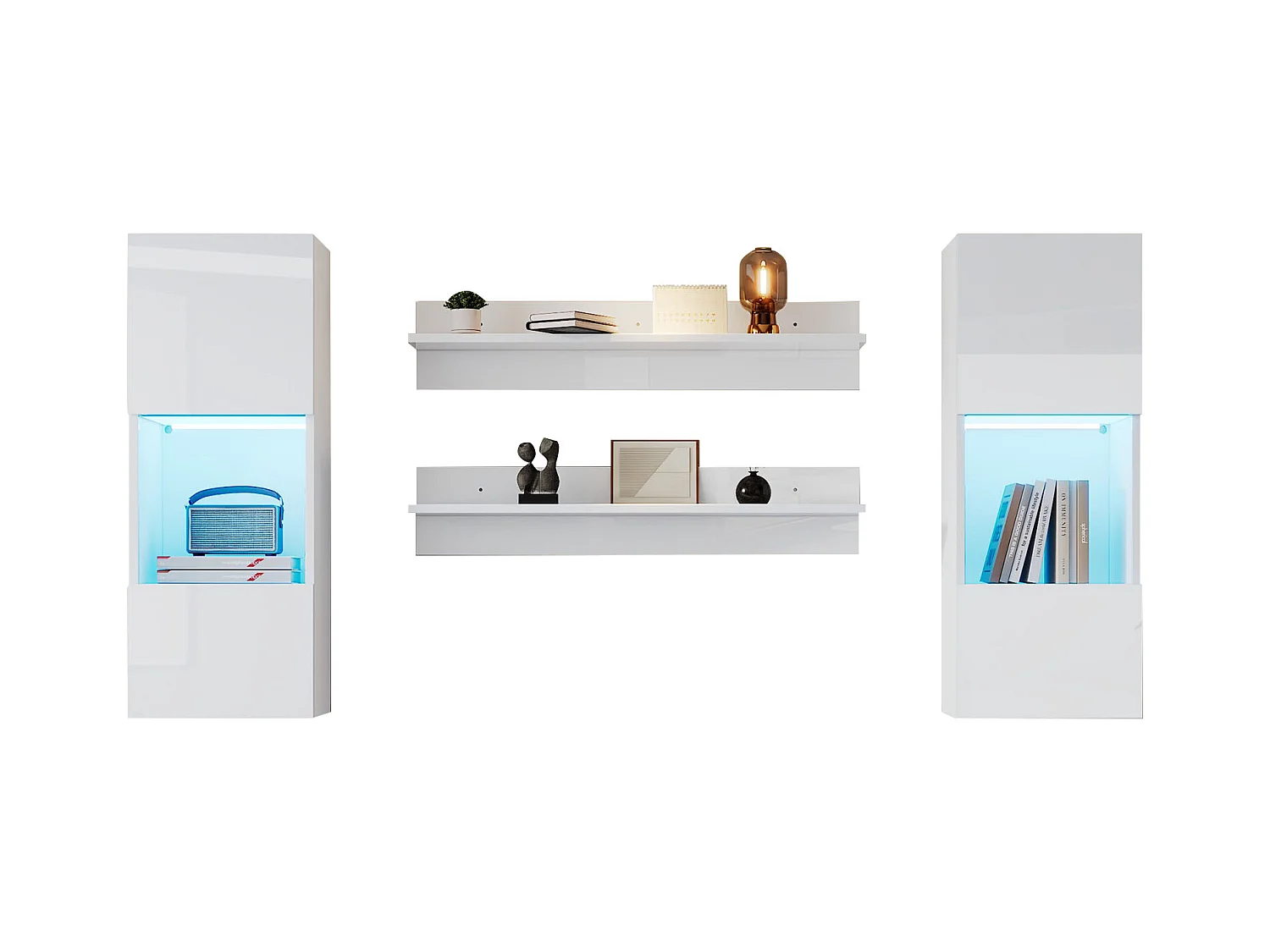 Hängende Vitrine - mit 2 Regalböden - mit LED-Beleuchtung - 2 Sicherheitsglas-Türen - weiß