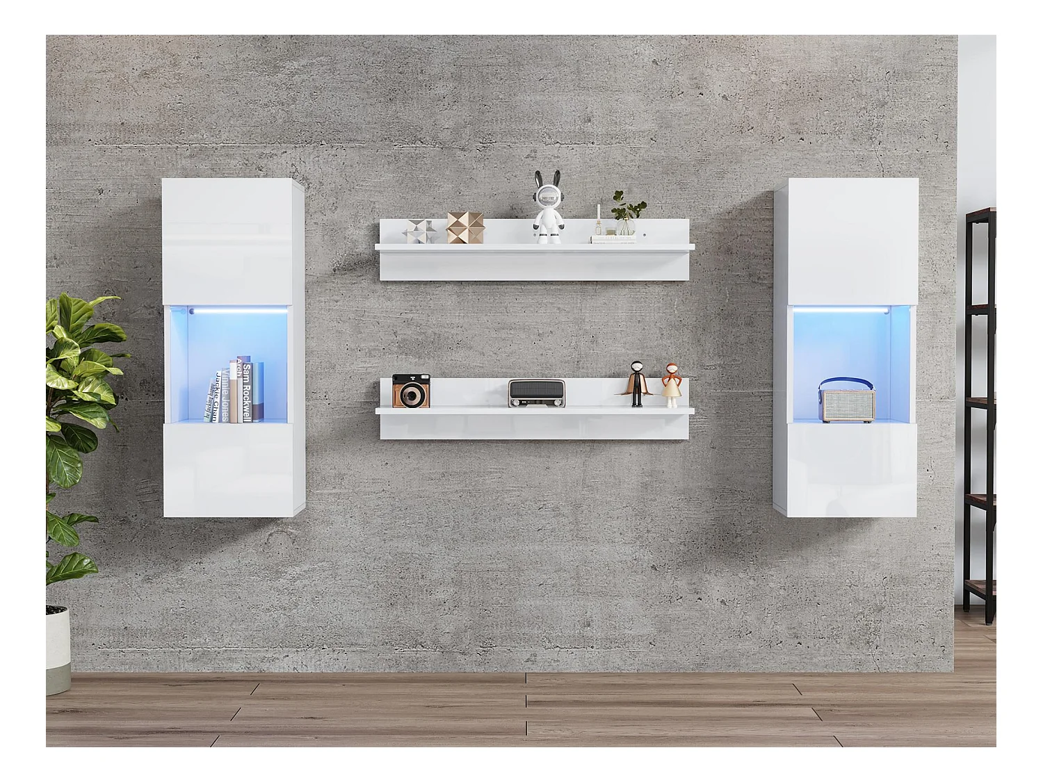 Vitrine suspendue - avec 2 étagères - avec éclairage LED - 2 portes en verre trempé - blanc