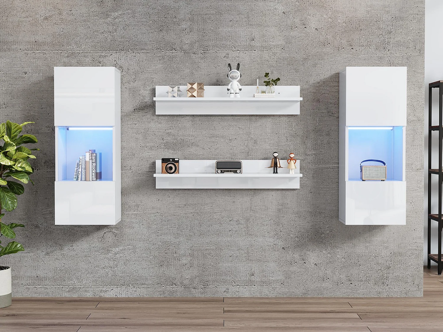 Vitrine suspendue - avec 2 étagères - avec éclairage LED - 2 portes en verre trempé - blanc