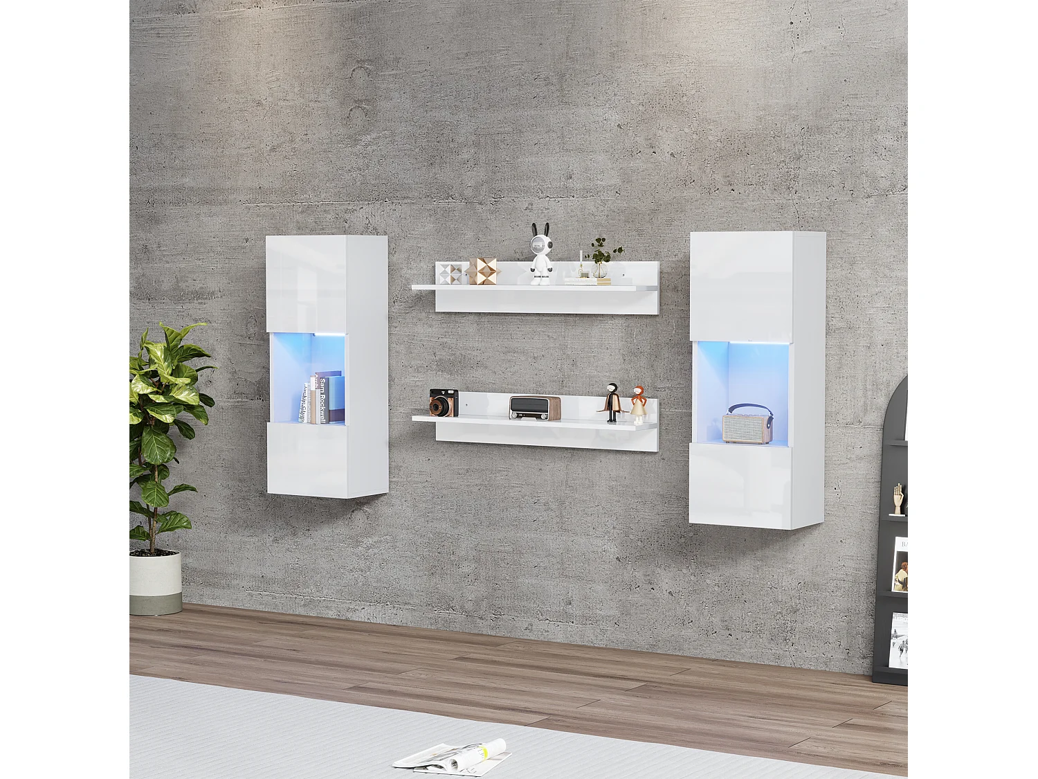 Vitrine suspendue - avec 2 étagères - avec éclairage LED - 2 portes en verre trempé - blanc