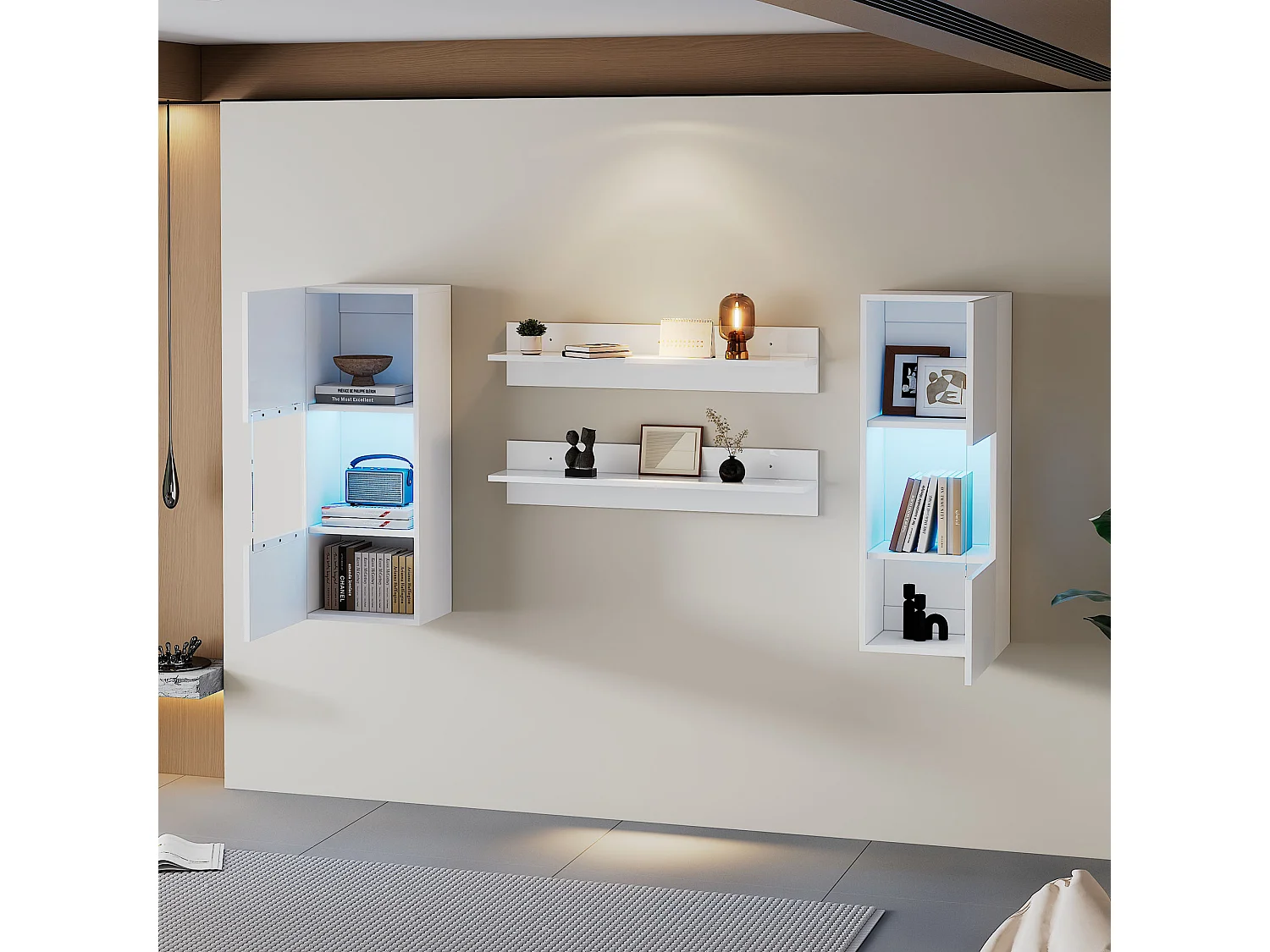 Vitrine suspendue - avec 2 étagères - avec éclairage LED - 2 portes en verre trempé - blanc