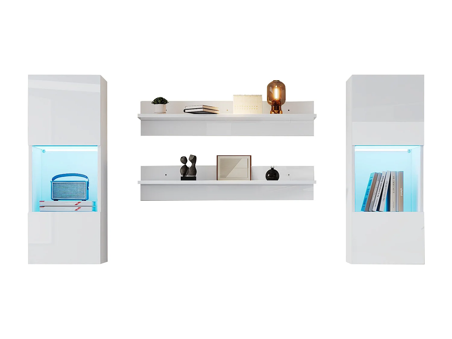 Vitrine suspendue - avec 2 étagères - avec éclairage LED - 2 portes en verre trempé - blanc