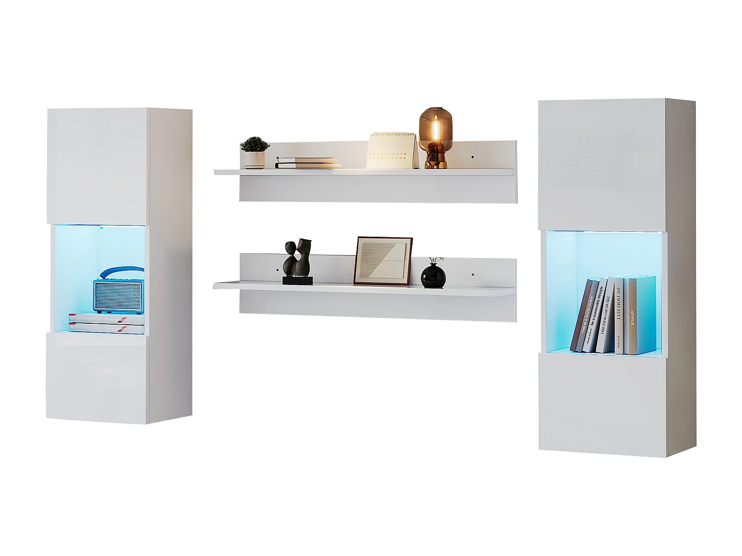 Vitrine suspendue - avec 2 étagères - avec éclairage LED - 2 portes en verre trempé - blanc