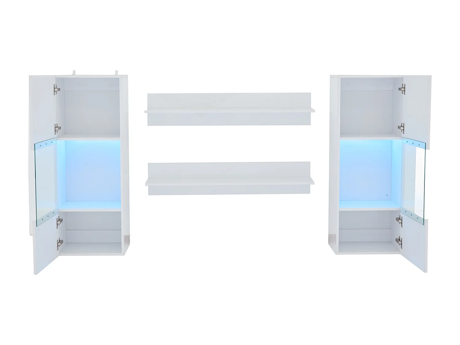 Vitrine suspendue - avec 2 étagères - avec éclairage LED - 2 portes en verre trempé - blanc