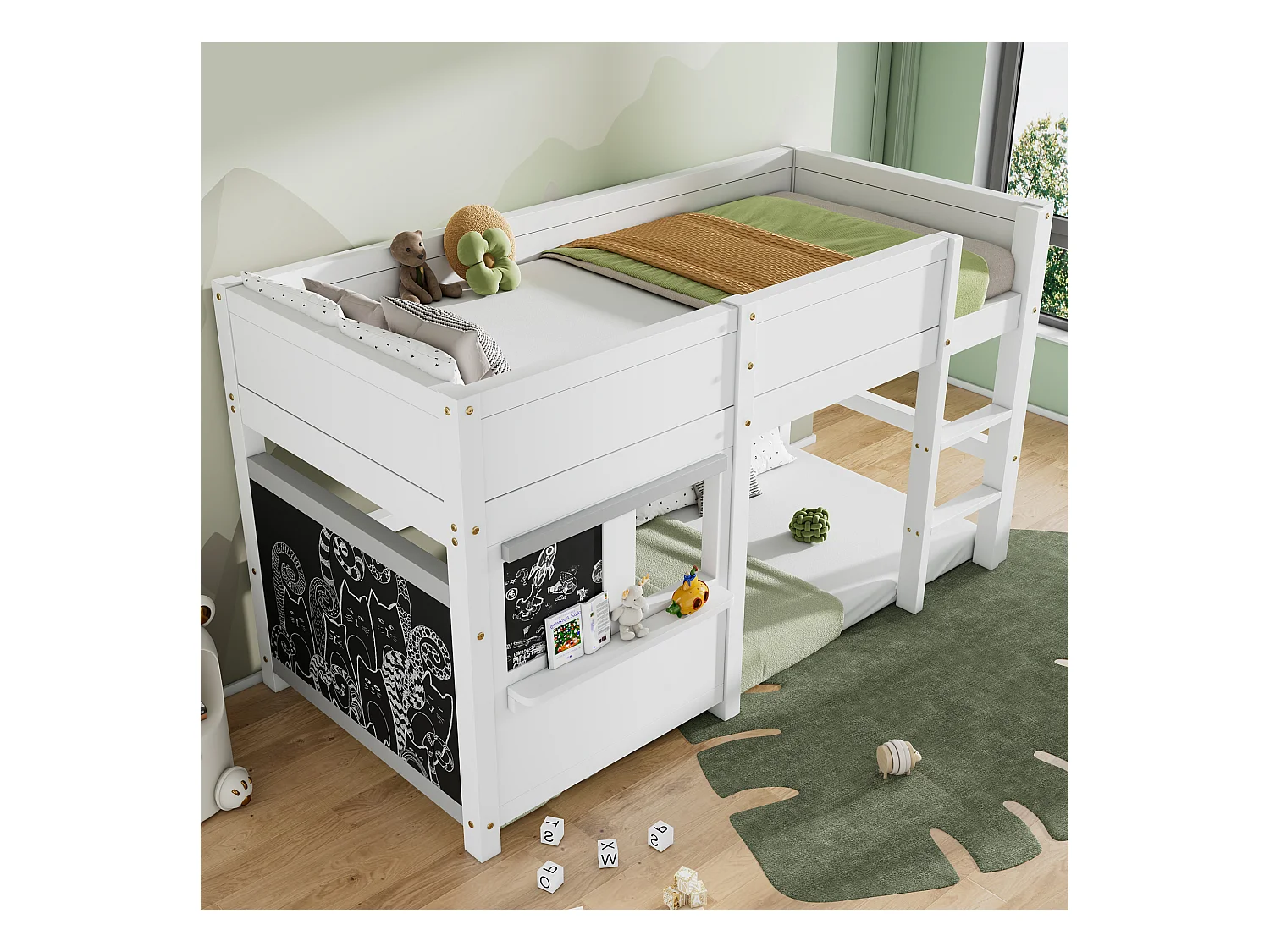 Letto a castello per bambini, con quadro e mensola, in legno massello, 90x200 cm, bianco (204x98,5x110 cm)