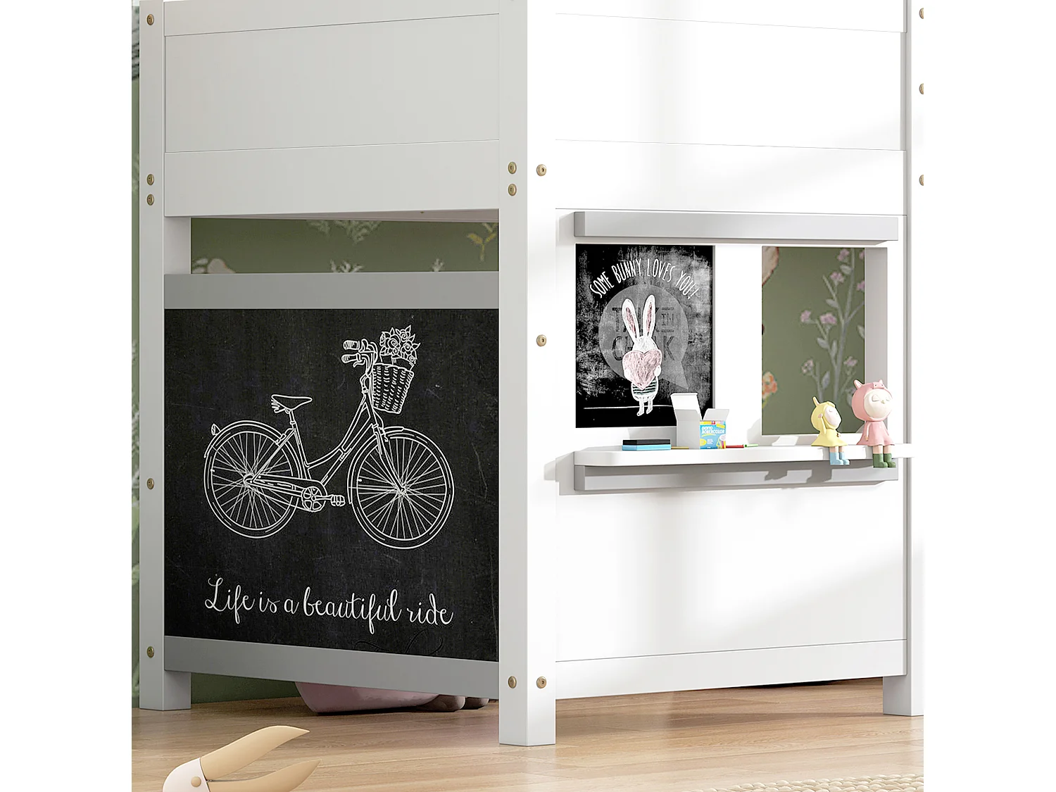 Kinderbedje, stapelbed met afbeelding en plank, massief hout, 90x200 cm, wit (204x98,5x110 cm)