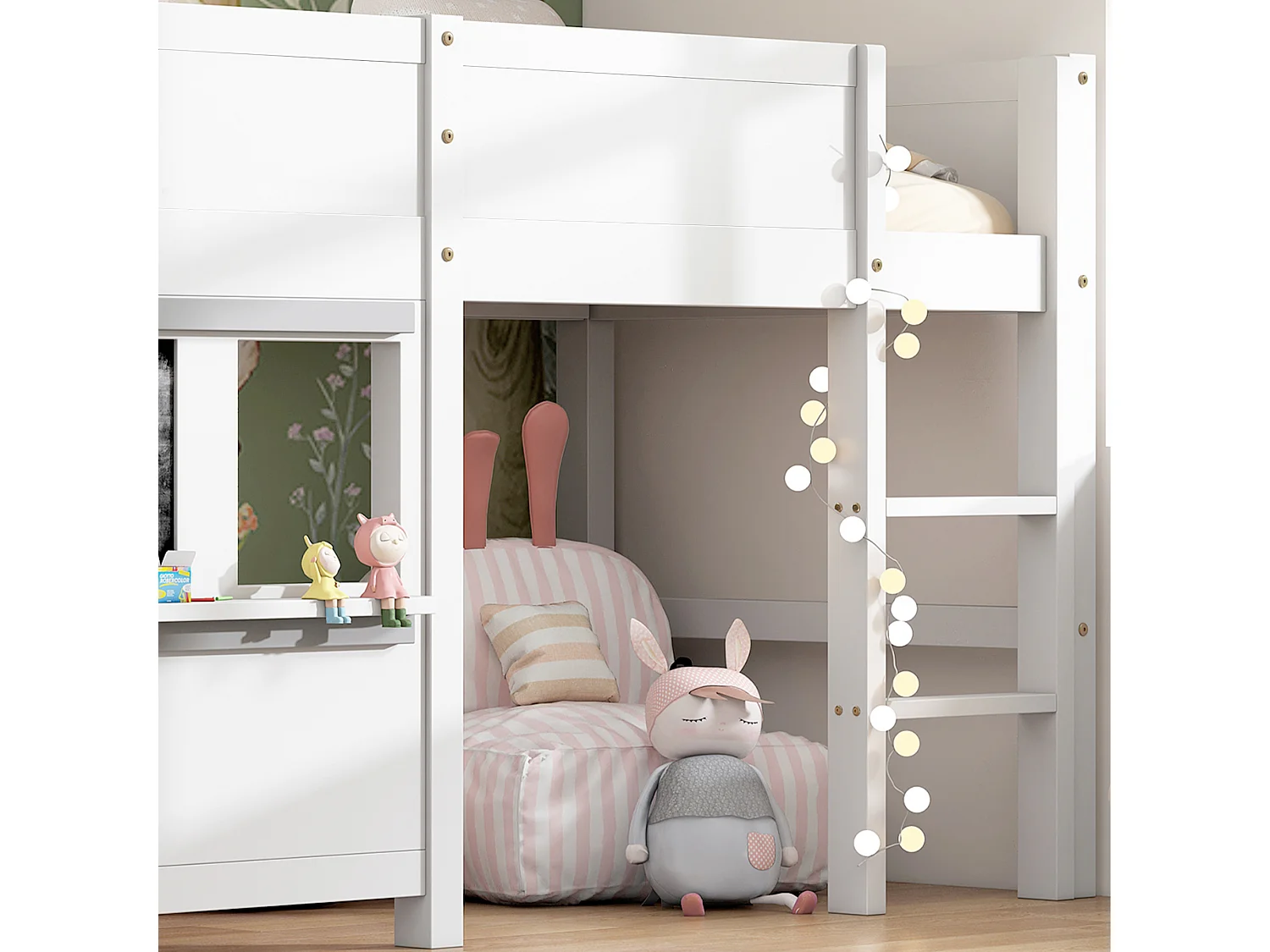 Kinderbedje, stapelbed met afbeelding en plank, massief hout, 90x200 cm, wit (204x98,5x110 cm)