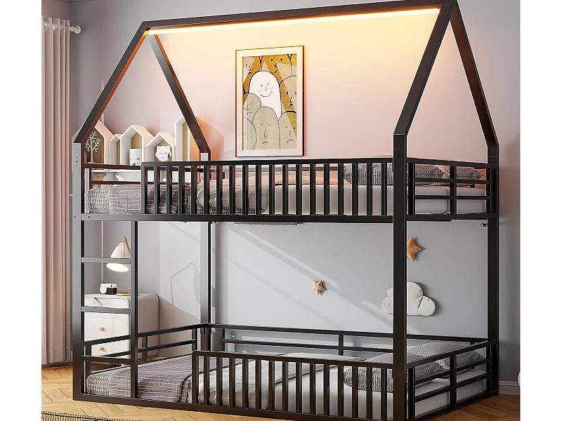 Kinder-Etagenbett 140×200 cm - Haus-Design - mit Schutzgitter und LED-Beleuchtung - Schwarz (ohne Matratze)