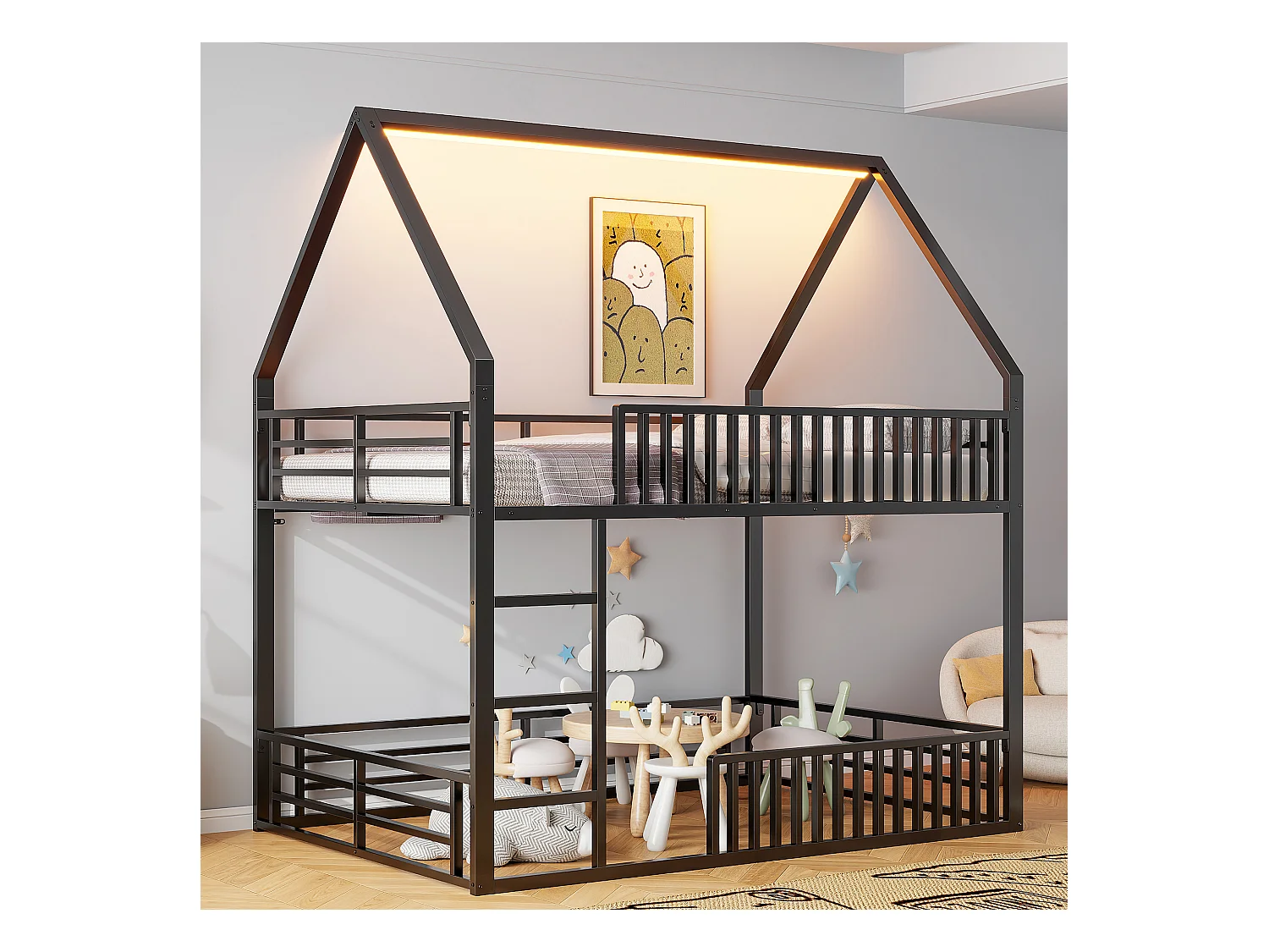 Kinder stapelbed 140×200 cm - huisvormig design - met hekwerk en LED-verlichting - Zwart (zonder matras)