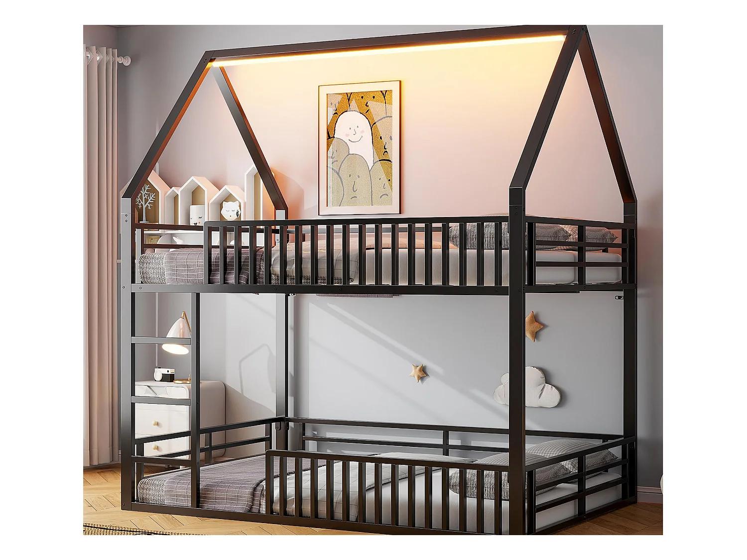 Lit superposé enfant 140 x 200 cm - design en forme de maison - avec clôture et éclairage LED - Noir (sans matelas)